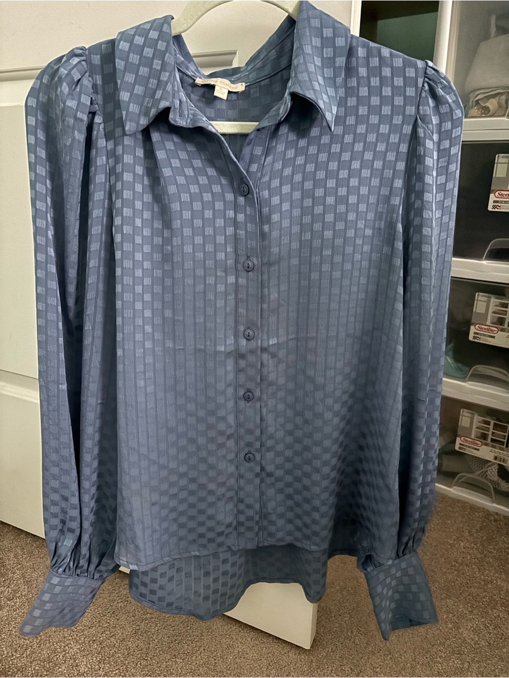 Flying Tomato Slate Blue Checked Satin Button-Up Shirt